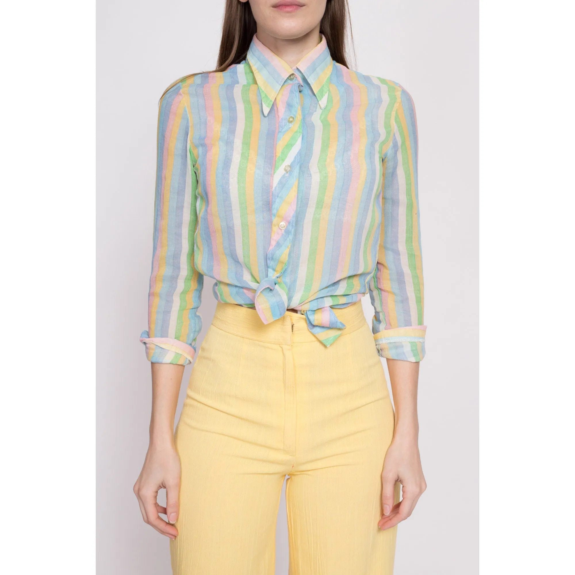 70s Sheer Pastel Striped Blouse - Petite XS