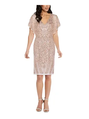 ADRIANNA PAPELL Womens Gold Sequined Zippered Flutter V Neck Above The Knee Party Sheath Dress