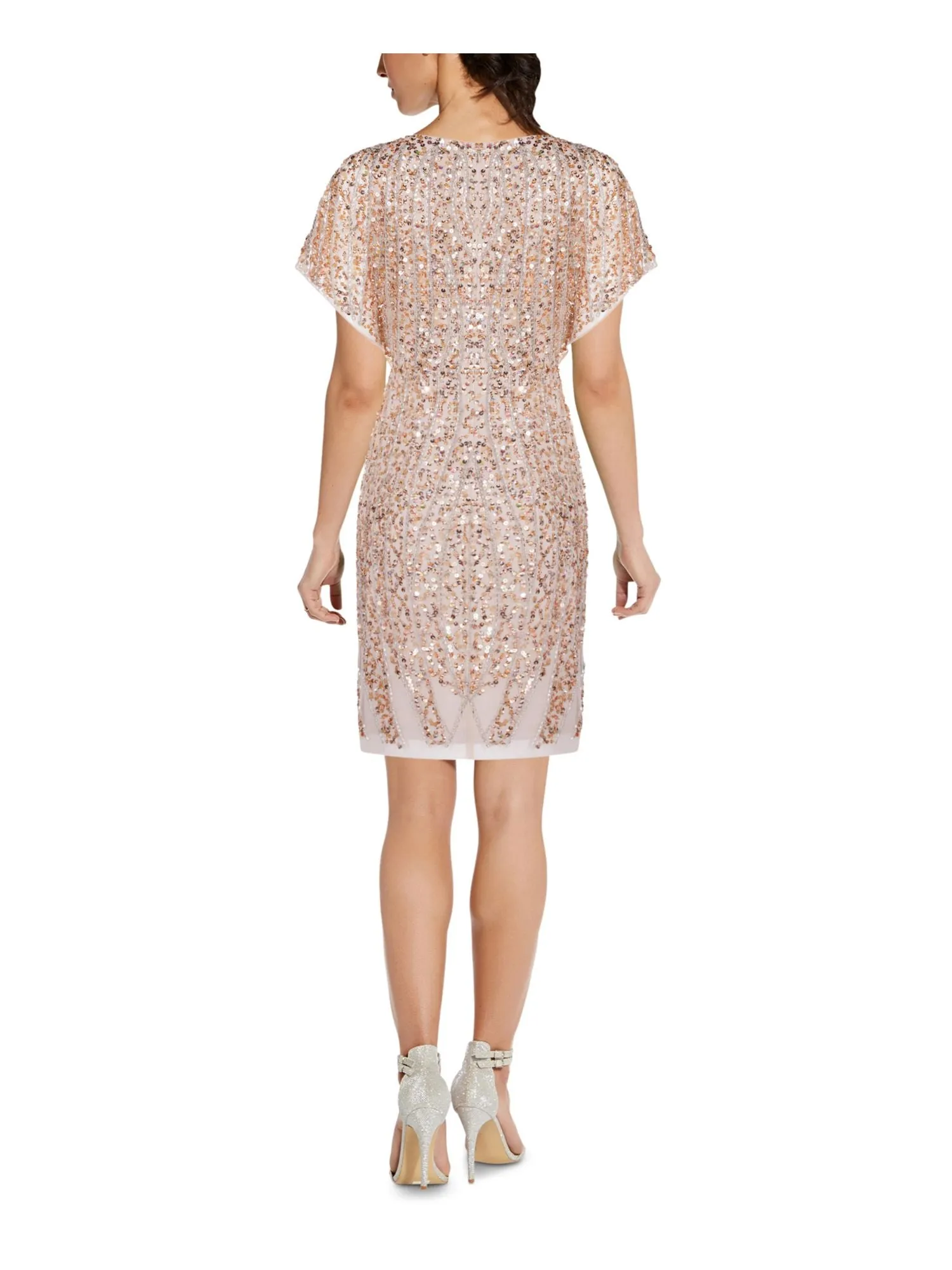 ADRIANNA PAPELL Womens Gold Sequined Zippered Flutter V Neck Above The Knee Party Sheath Dress