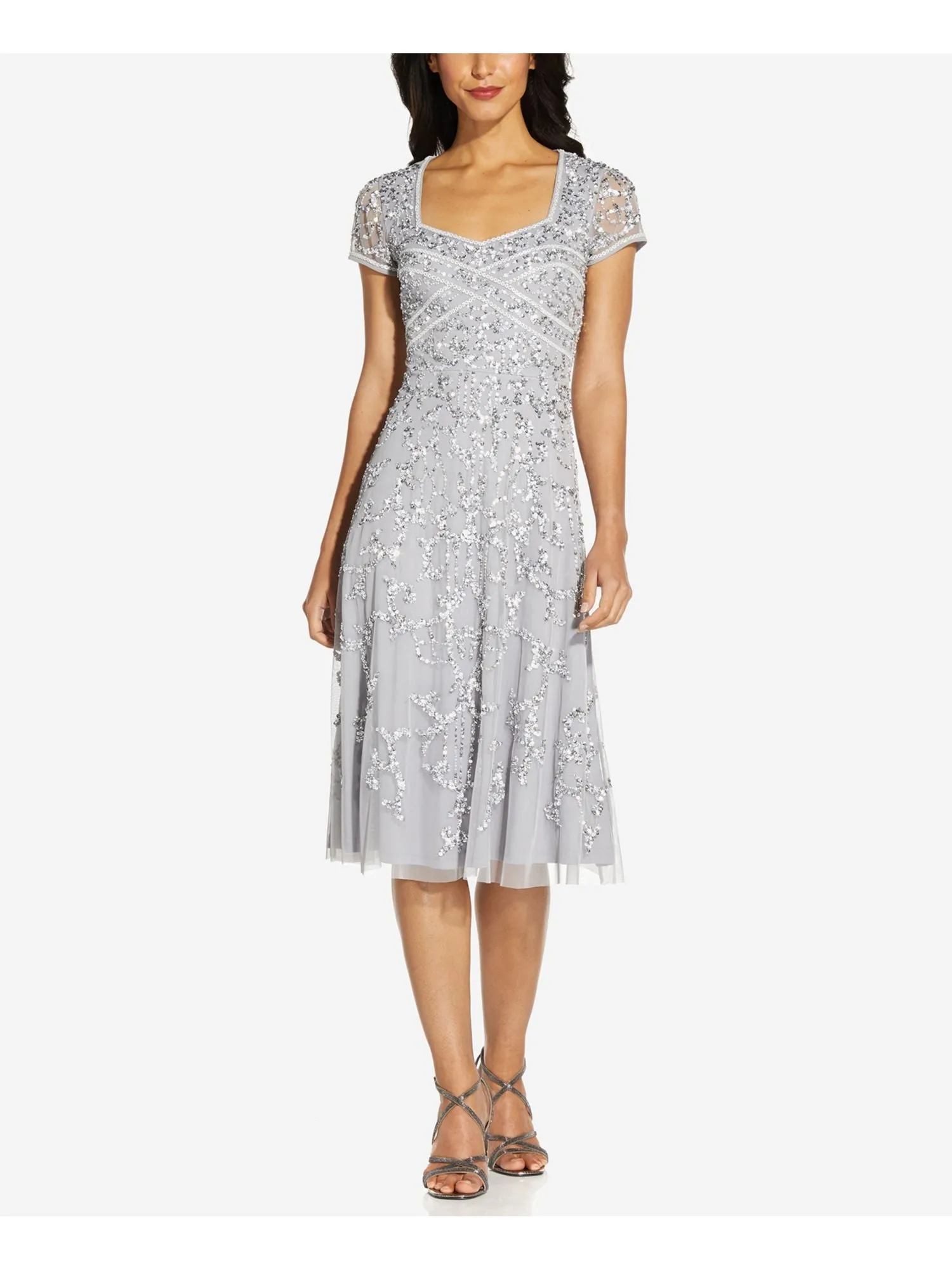 ADRIANNA PAPELL Womens Silver Embellished Zippered Cap Sleeve Queen Anne Neckline Below The Knee Formal Fit   Flare Dress