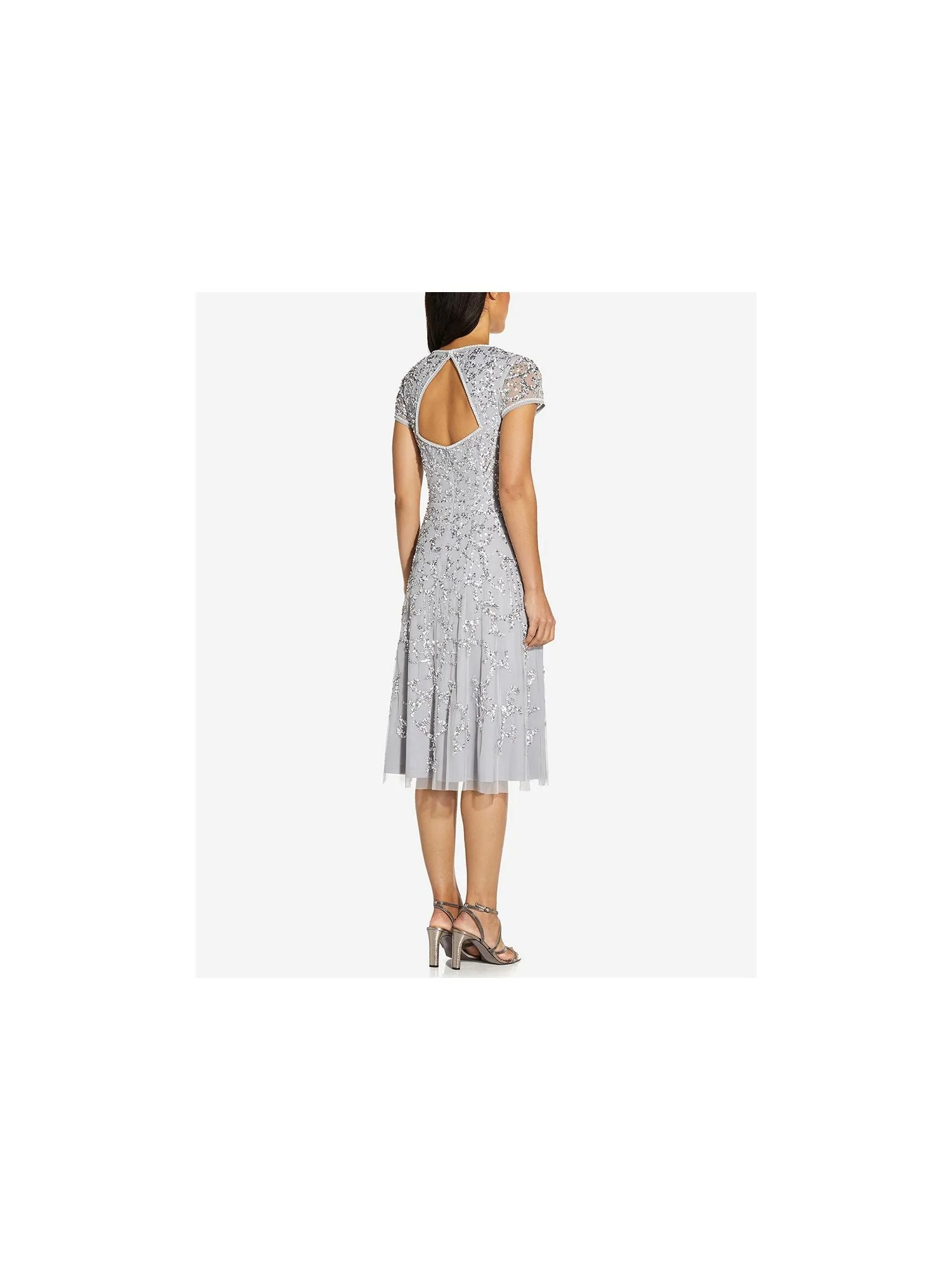 ADRIANNA PAPELL Womens Silver Embellished Zippered Cap Sleeve Queen Anne Neckline Below The Knee Formal Fit   Flare Dress