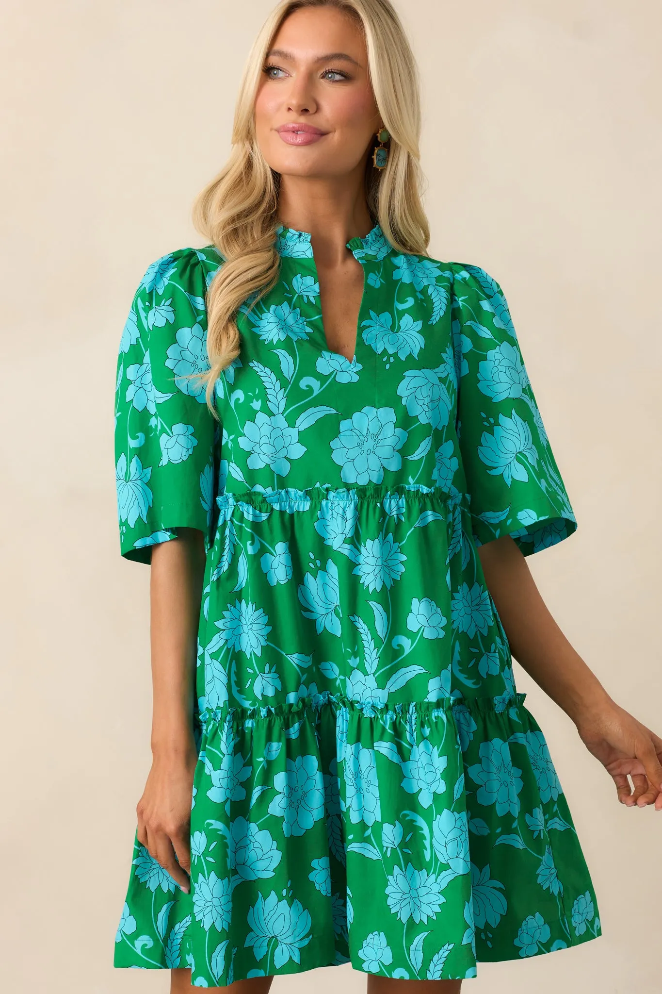 After The Rain Green Floral Cotton Mini Dress