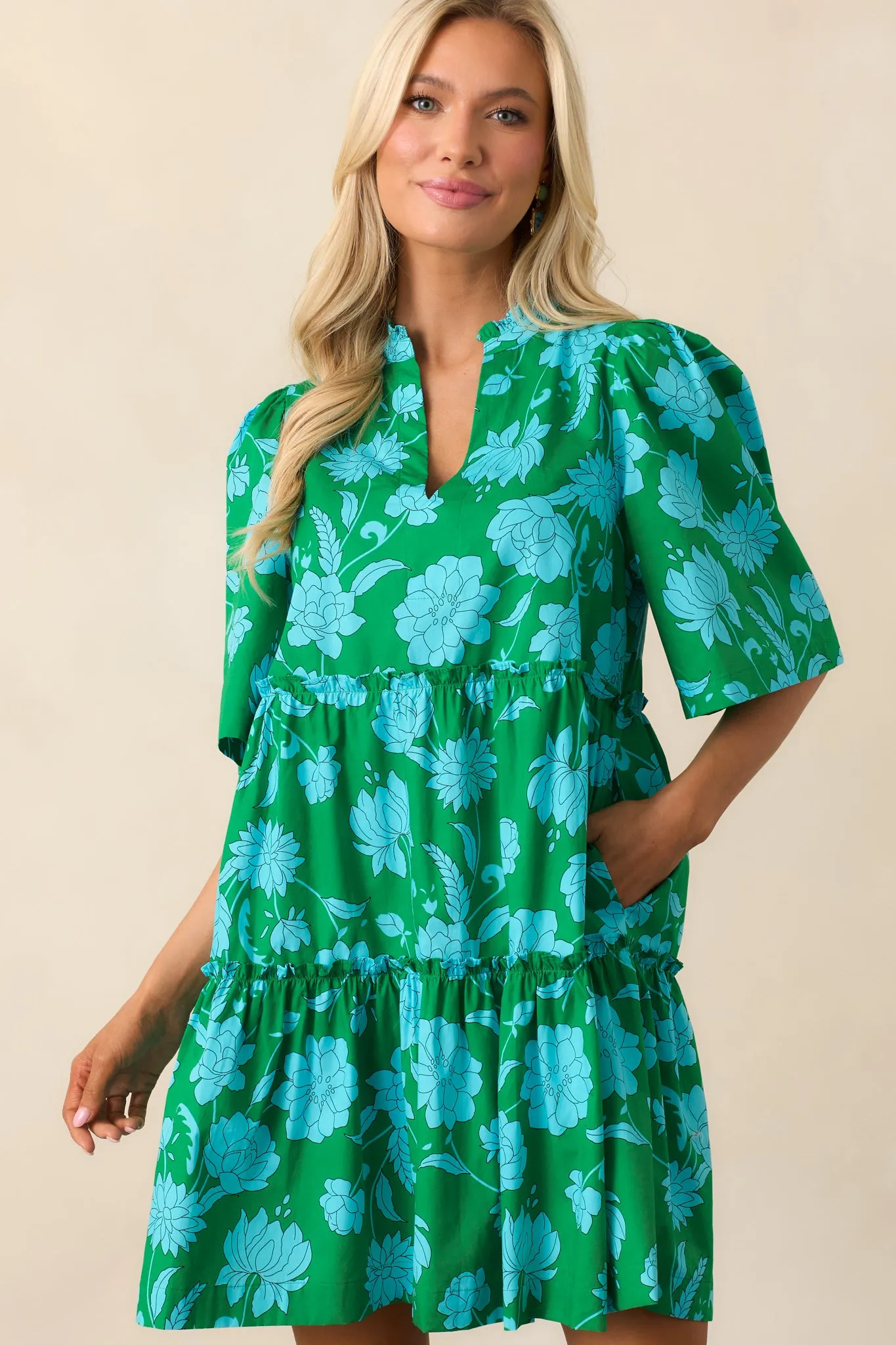 After The Rain Green Floral Cotton Mini Dress