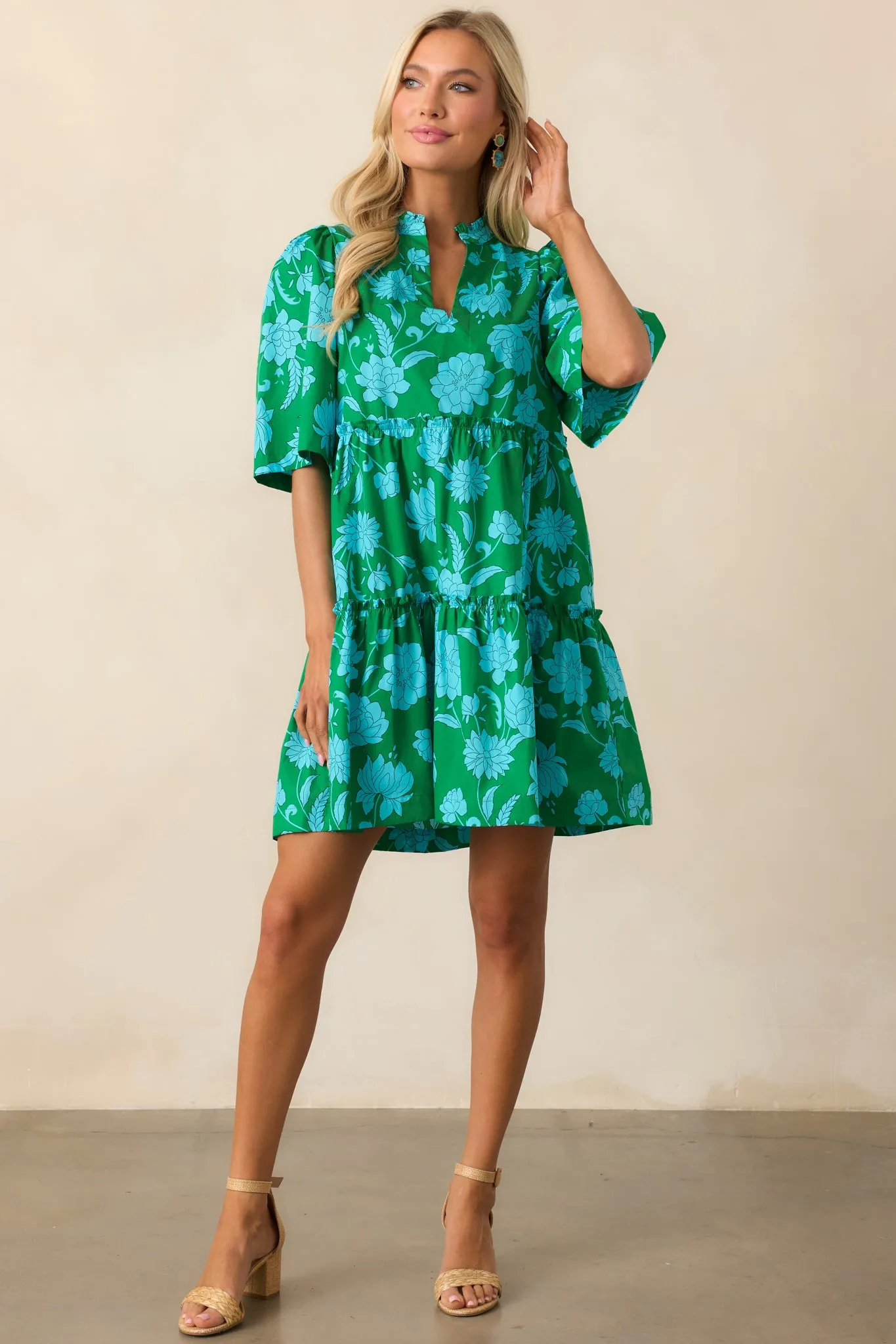 After The Rain Green Floral Cotton Mini Dress