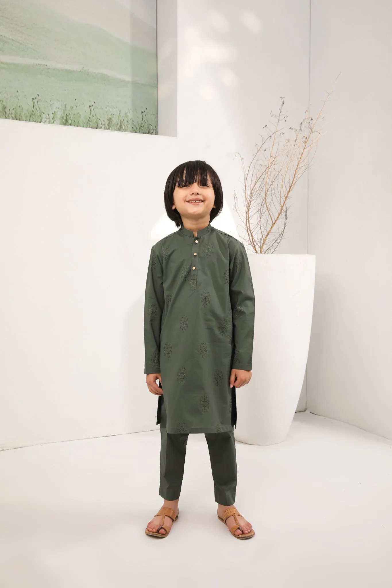 Army Green Cotton Embroidered Kurta Trouser - Kids