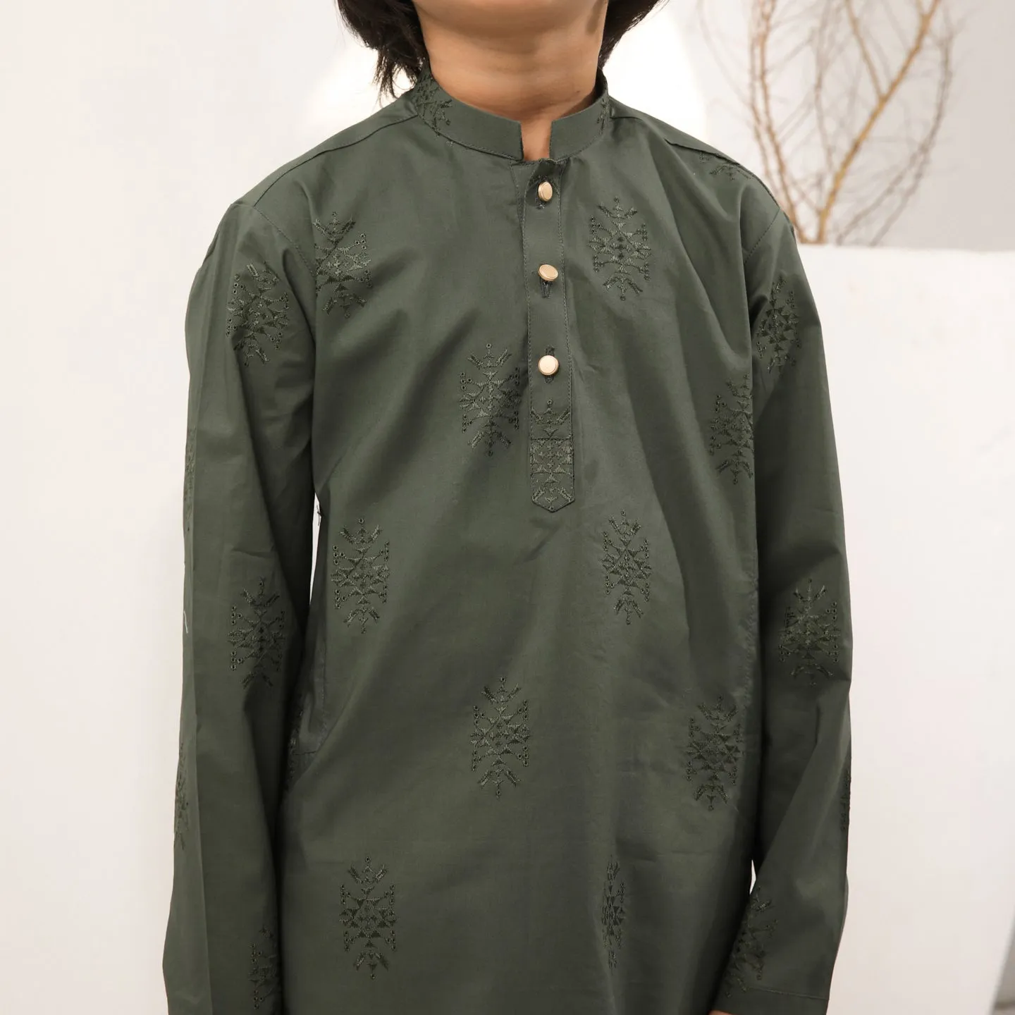 Army Green Cotton Embroidered Kurta Trouser - Kids