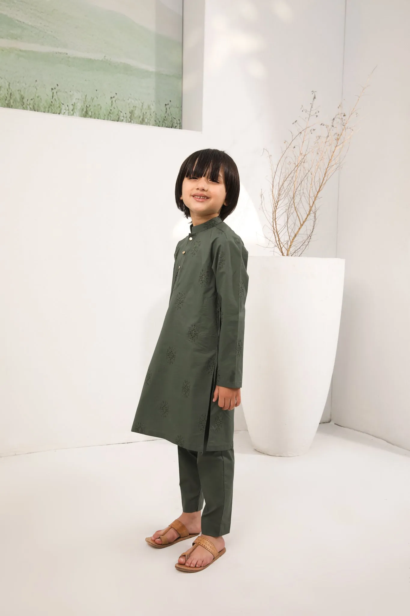 Army Green Cotton Embroidered Kurta Trouser - Kids