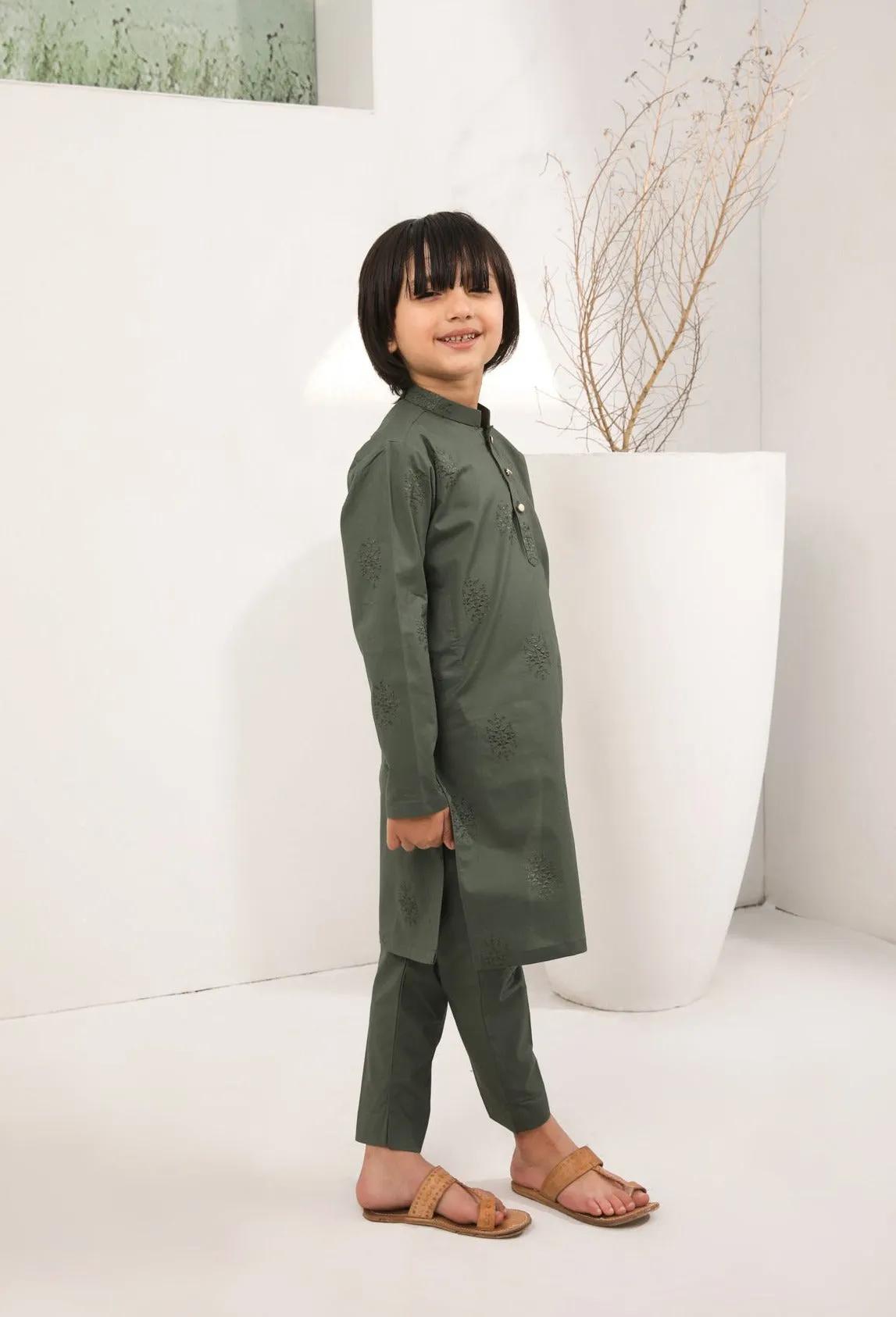 Army Green Cotton Embroidered Kurta Trouser - Kids