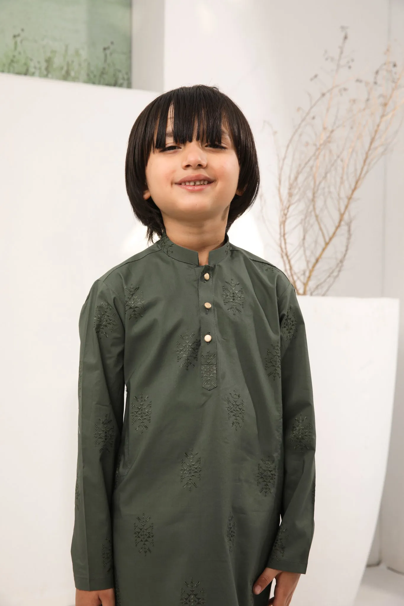 Army Green Cotton Embroidered Kurta Trouser - Kids