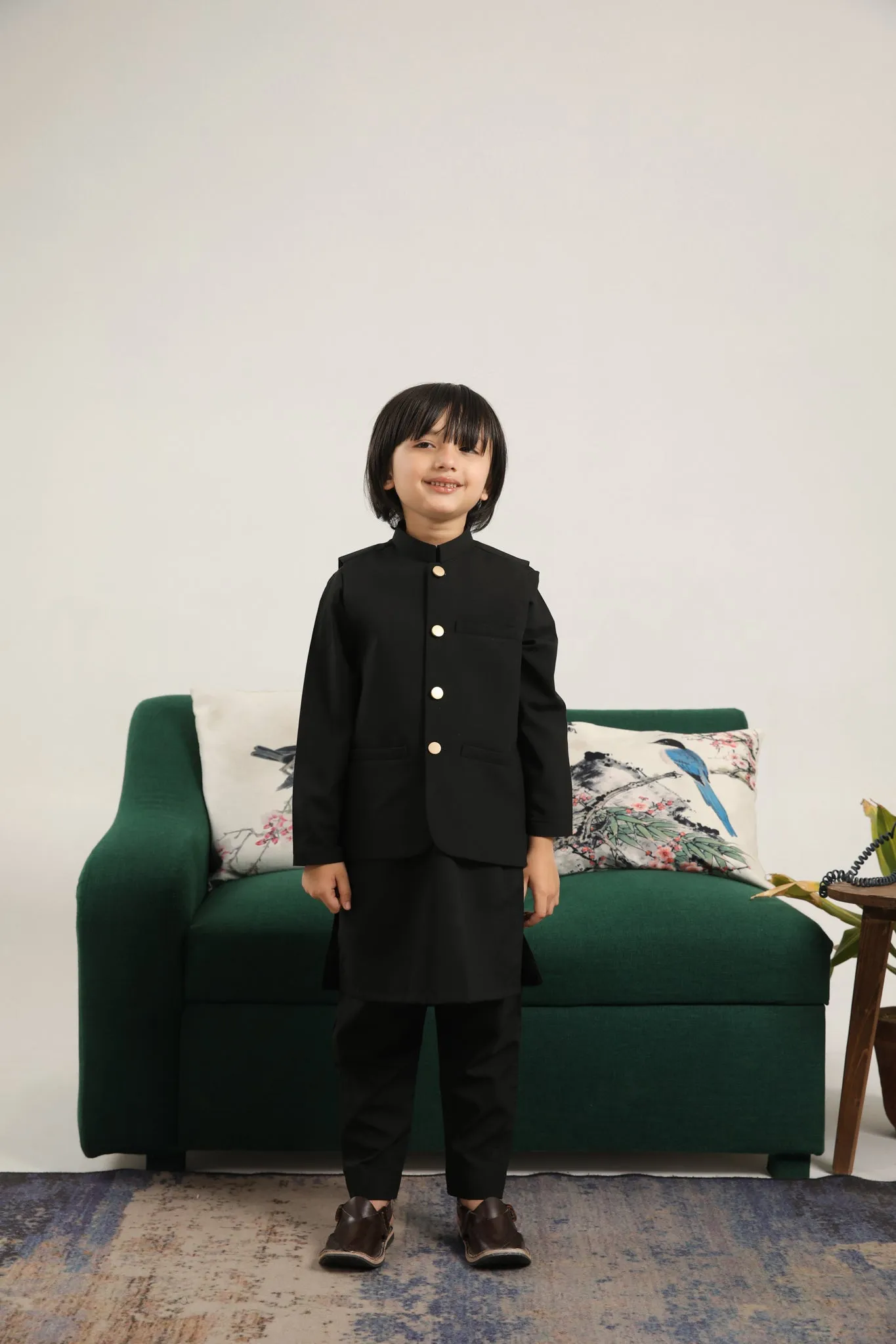 Black Kurta Trouser with Blended Waistcoat - Kids