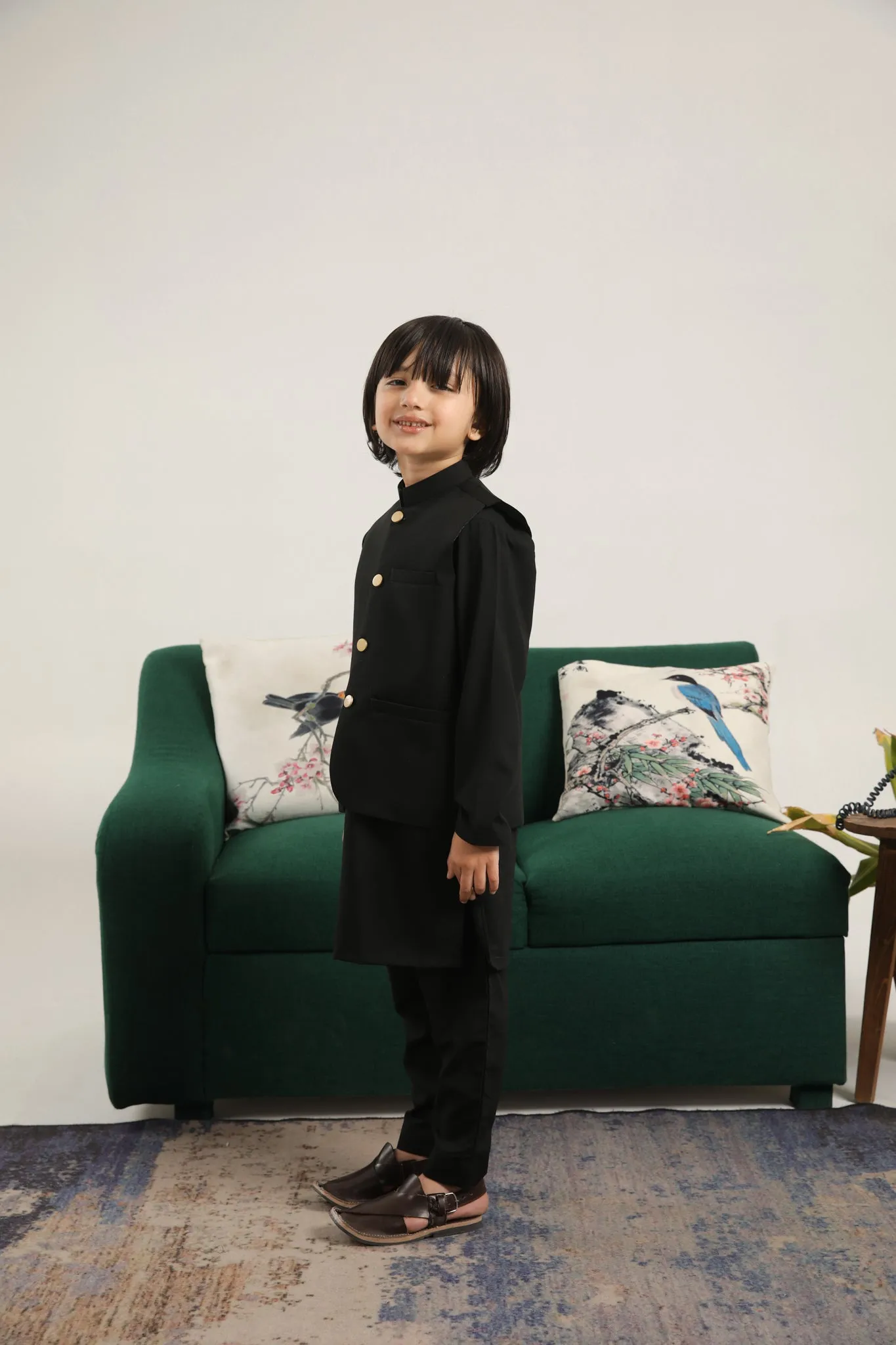 Black Kurta Trouser with Blended Waistcoat - Kids