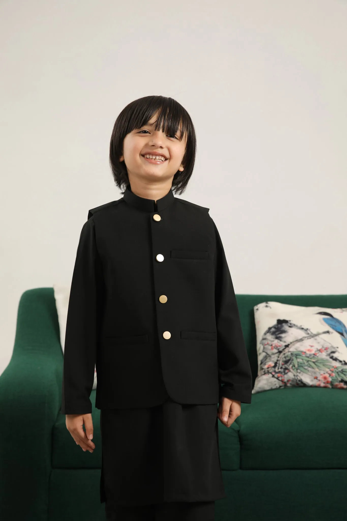 Black Kurta Trouser with Blended Waistcoat - Kids