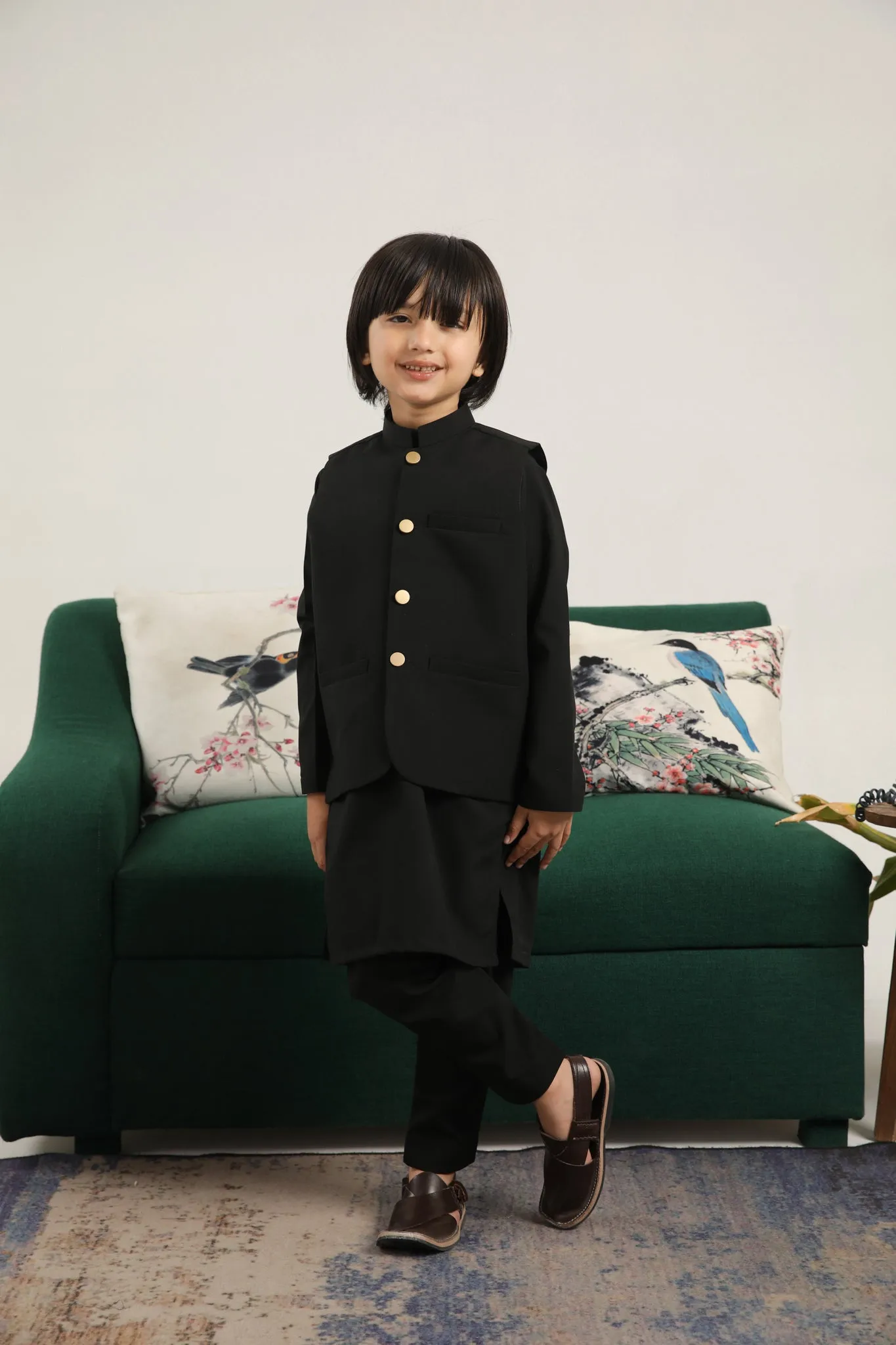 Black Kurta Trouser with Blended Waistcoat - Kids