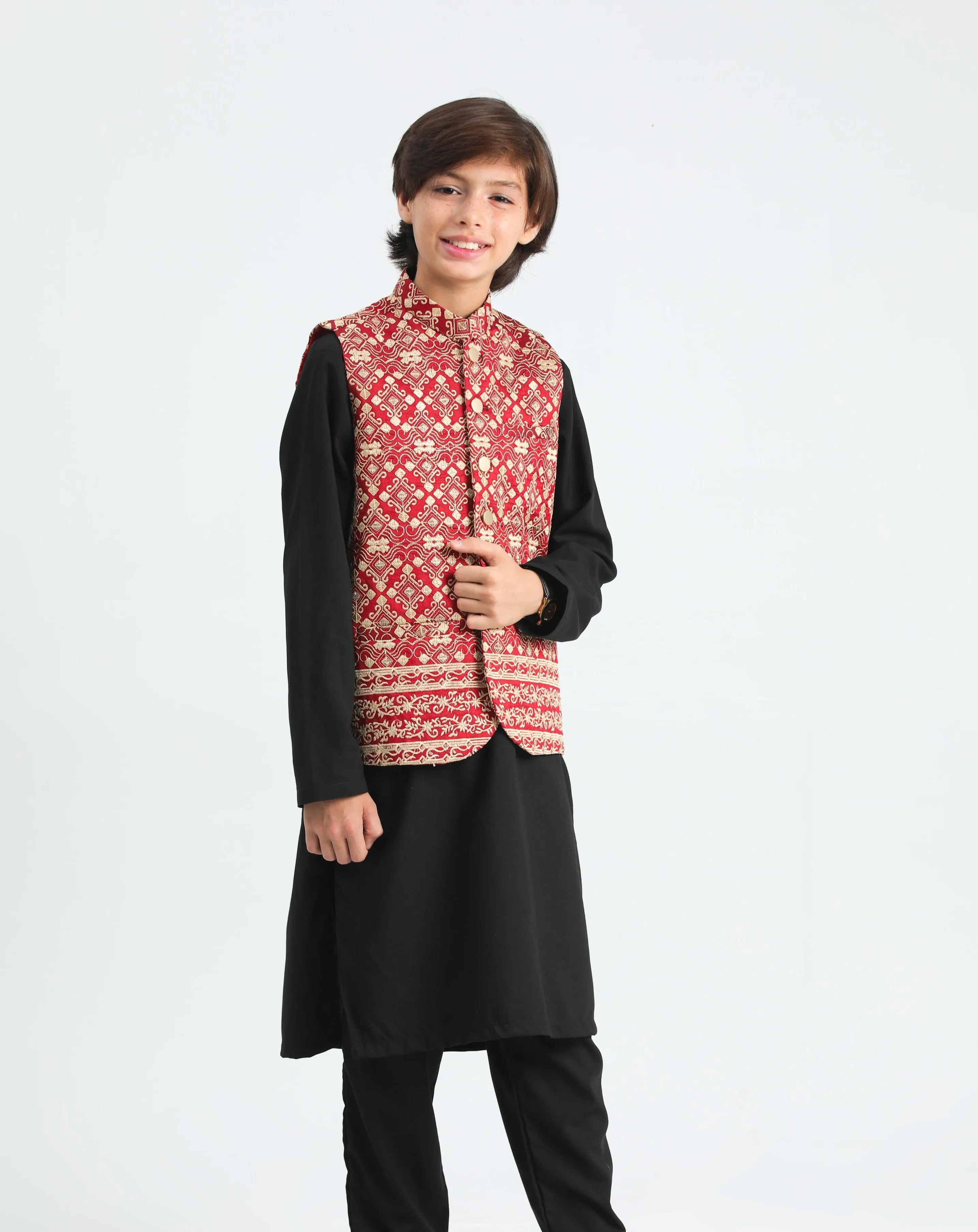 Black Kurta Trouser with Red Embroidered Waistcoat - Kids