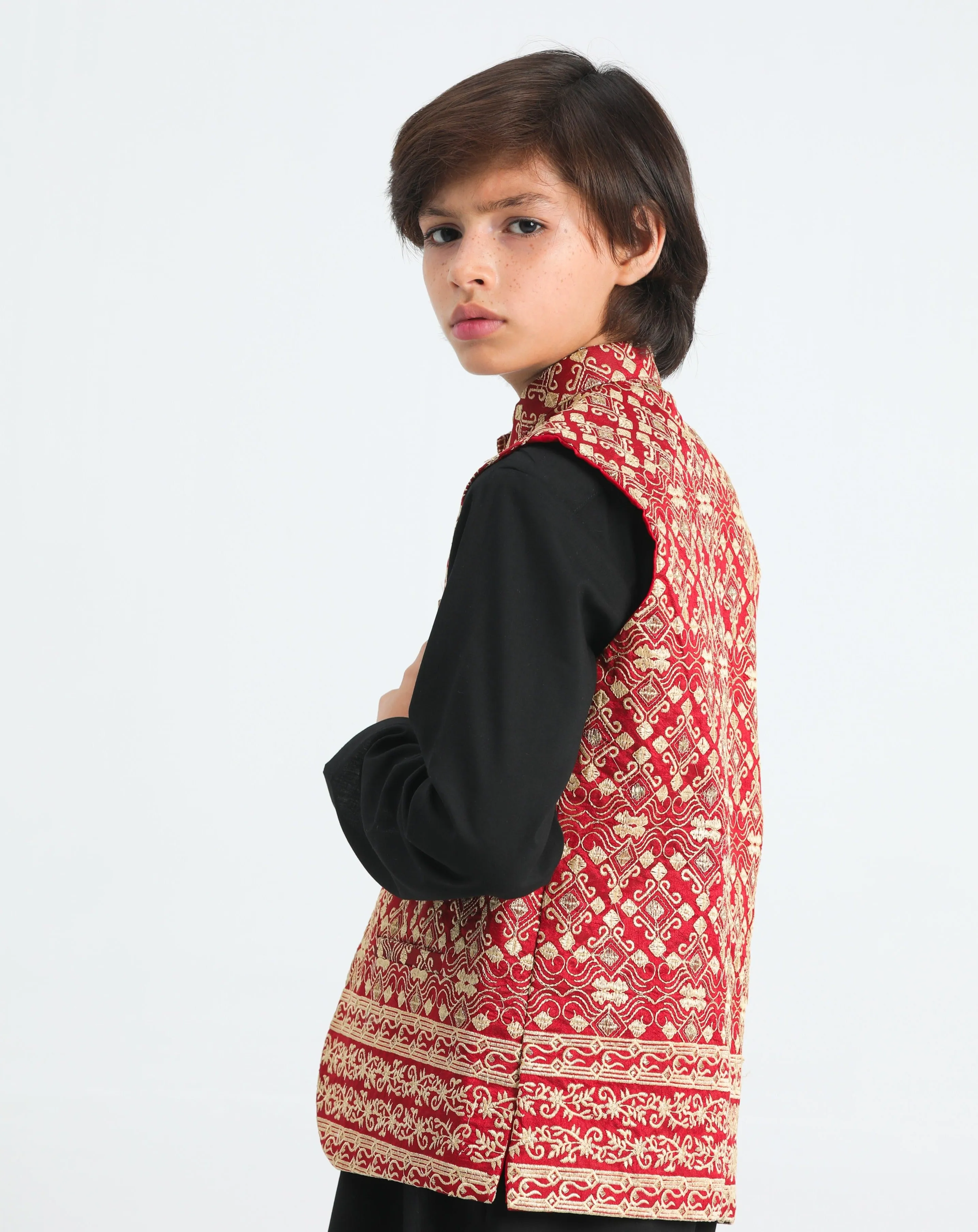 Black Kurta Trouser with Red Embroidered Waistcoat - Kids