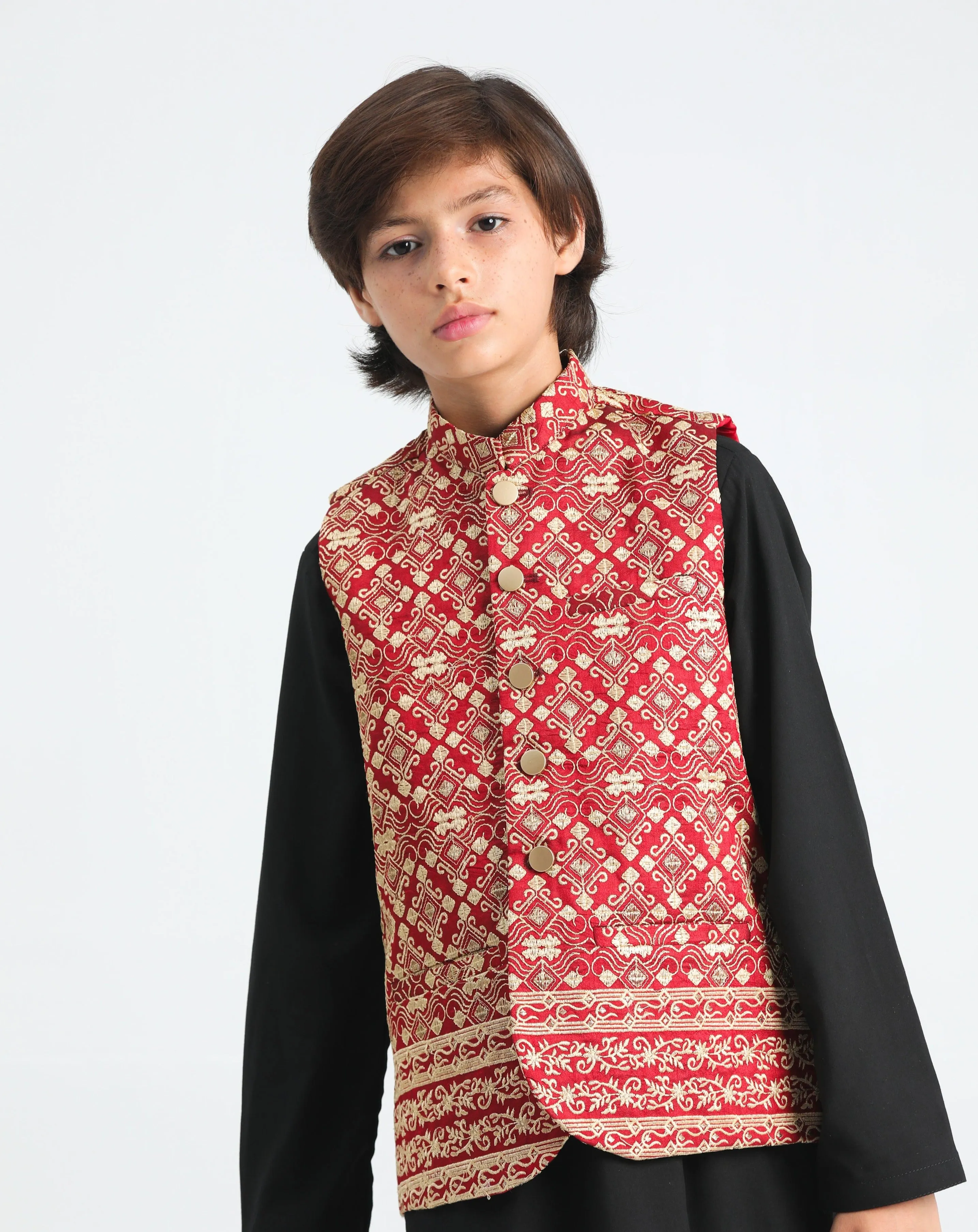 Black Kurta Trouser with Red Embroidered Waistcoat - Kids