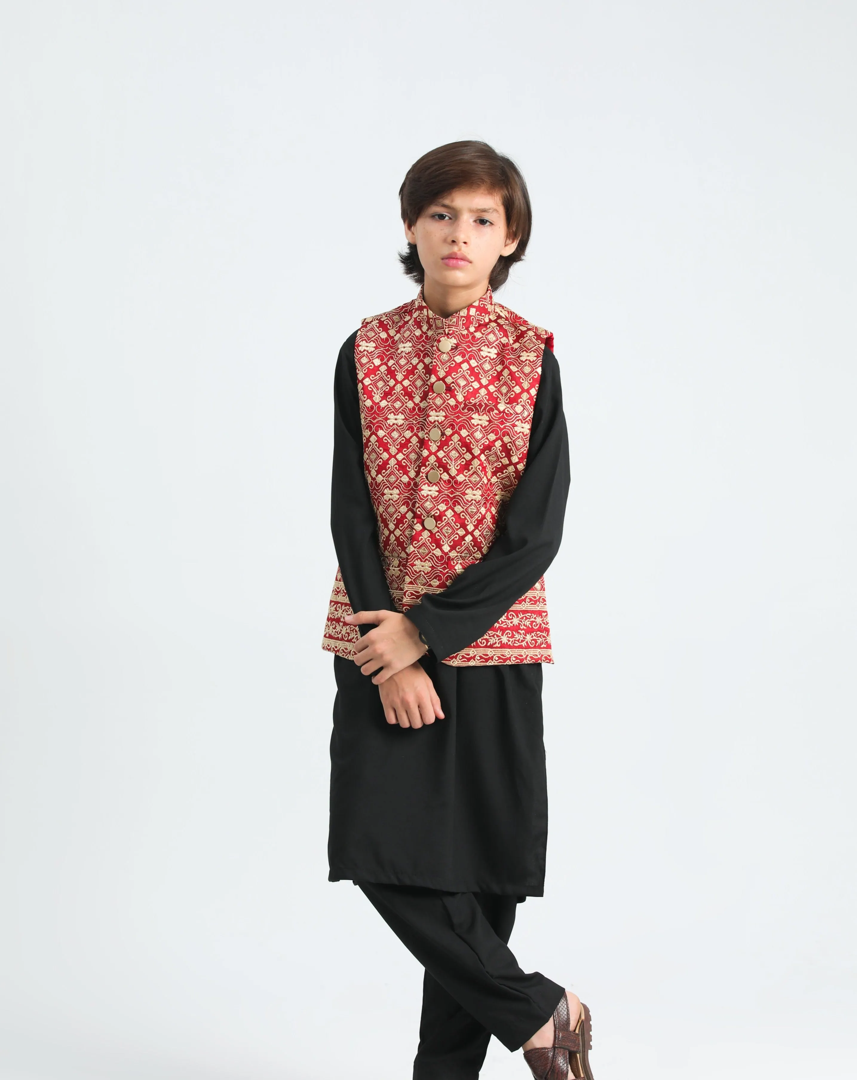 Black Kurta Trouser with Red Embroidered Waistcoat - Kids