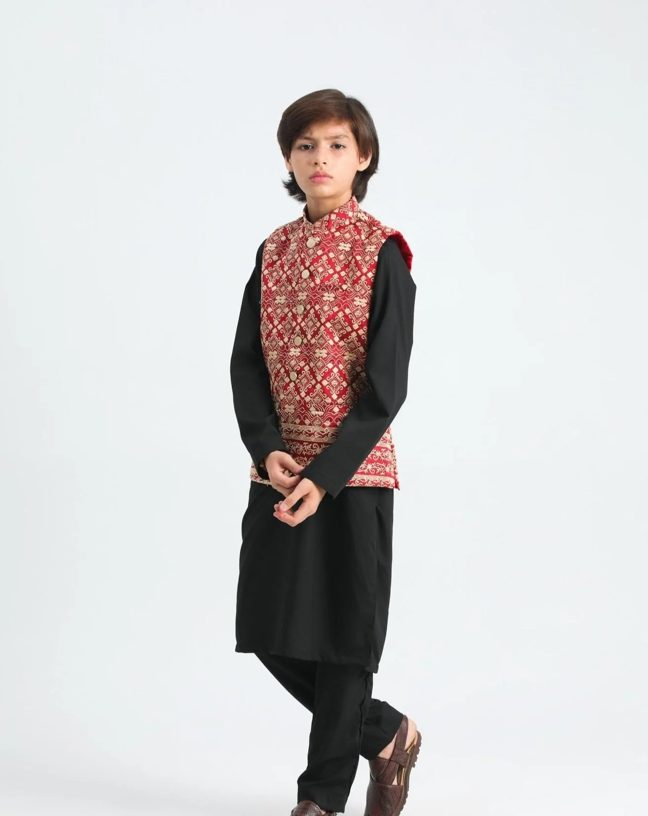 Black Kurta Trouser with Red Embroidered Waistcoat - Kids