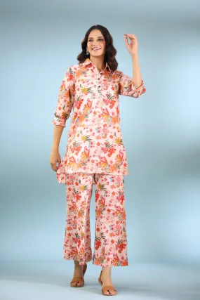 Bouquet on Collared Cotton Palazzo Loungewear Set