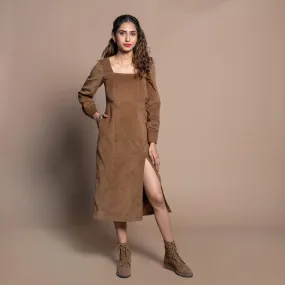 Camel Brown Cotton Velvet Square Neck Midi Slit Dress