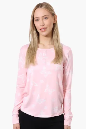 Canada Weather Gear Butterfly Pattern Henley Pajama Top - Pink