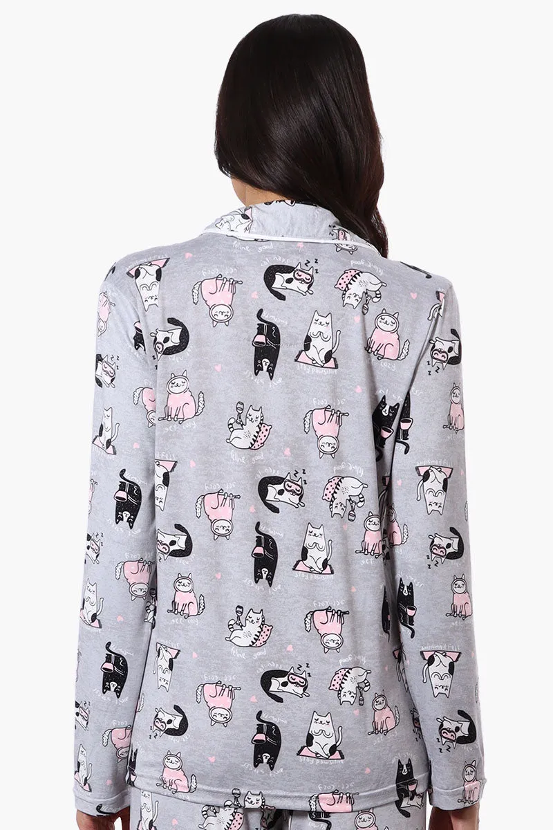 Canada Weather Gear Cat Pattern Button Down Pajama Top - Grey