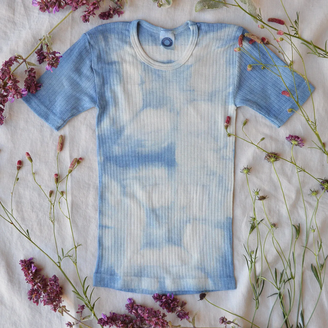 Child's Plant Dyed T-Shirt in Organic Cotton/Merino/Silk - Indigo Cloud (2-12y)