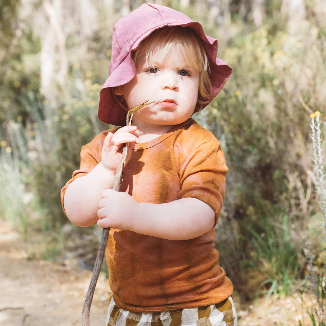 Child's Plant Dyed T-Shirt in Organic Cotton/Merino/Silk - Indigo Lines (2-12y)