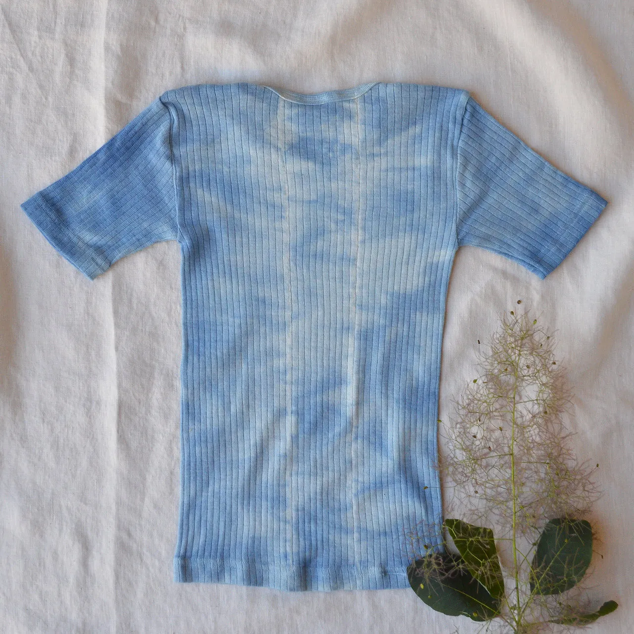 Child's Plant Dyed T-Shirt in Organic Cotton/Merino/Silk - Indigo Lines (2-12y)