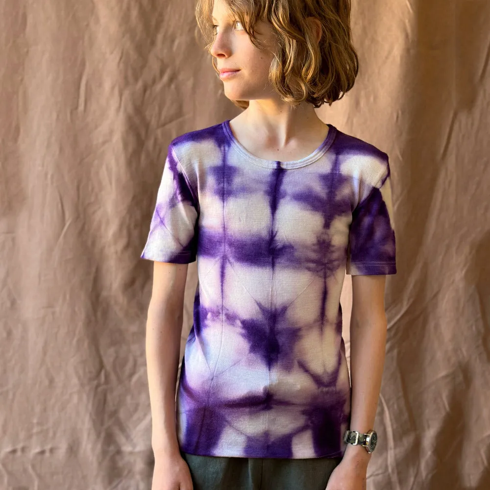 Child's Plant Dyed T-Shirt in Organic Cotton/Merino/Silk - Indigo Lines (2-12y)