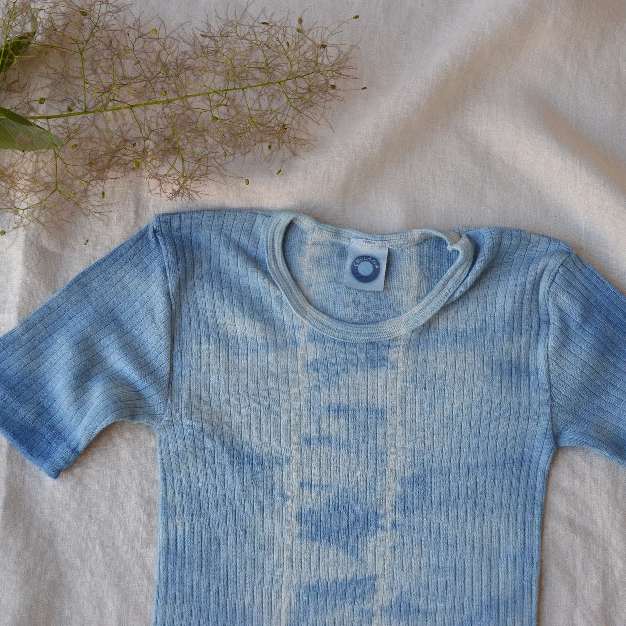 Child's Plant Dyed T-Shirt in Organic Cotton/Merino/Silk - Indigo Lines (2-12y)