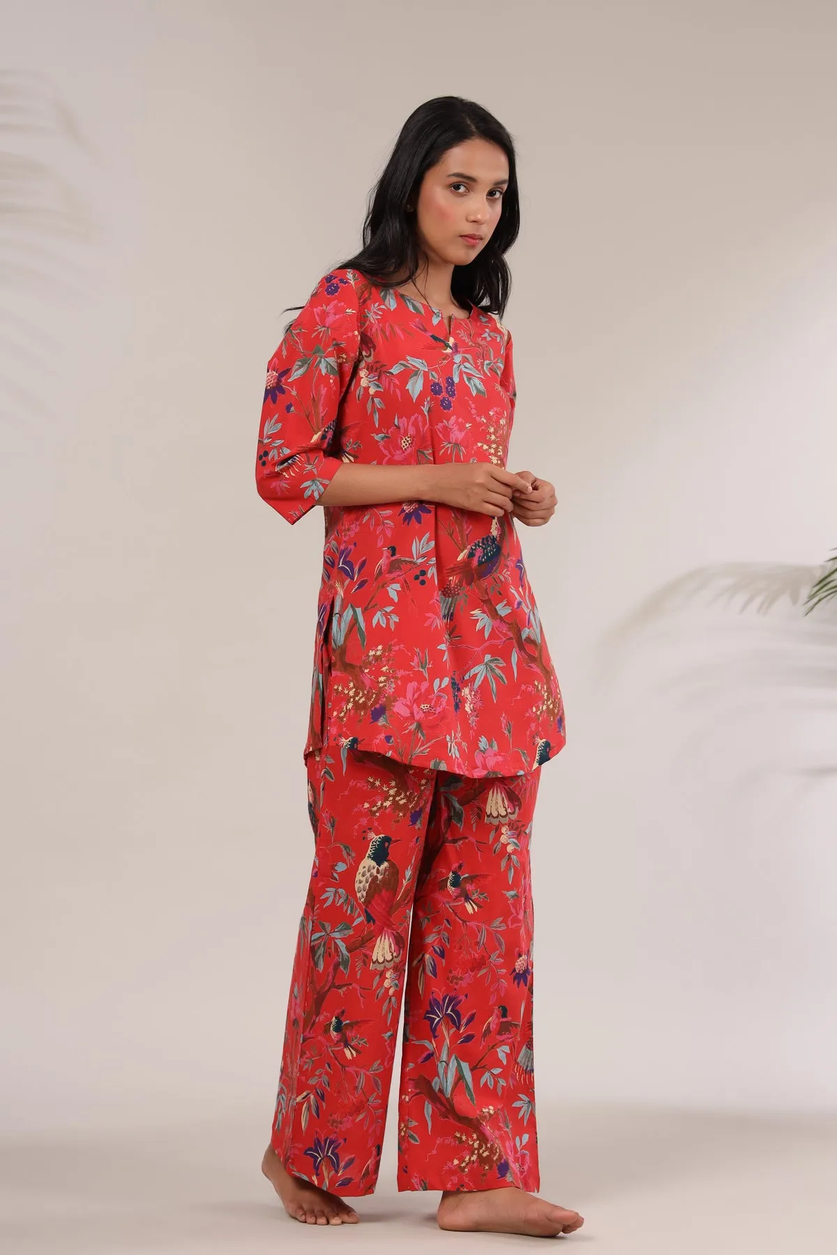 Chirping Bird On Red Loungewear Top Set