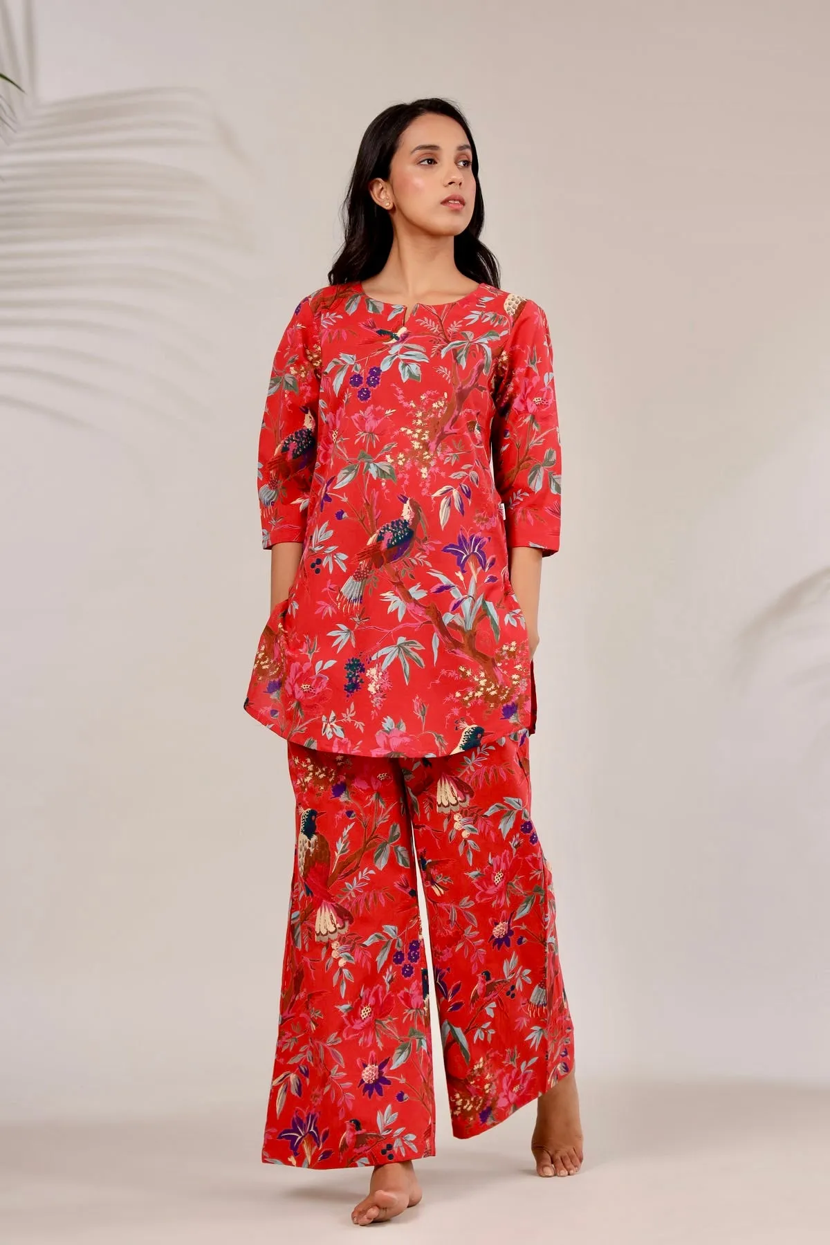 Chirping Bird On Red Loungewear Top Set