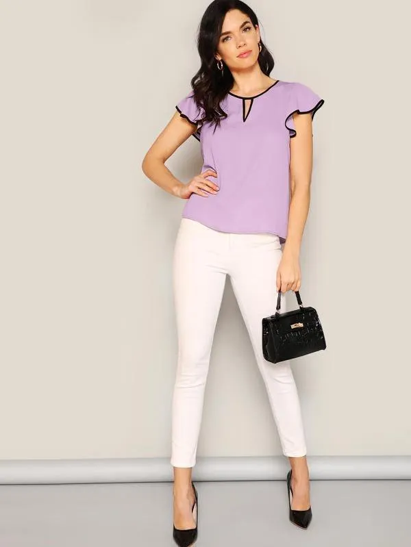 Contrast Binding Keyhole Neck Flutter Sleeve Top