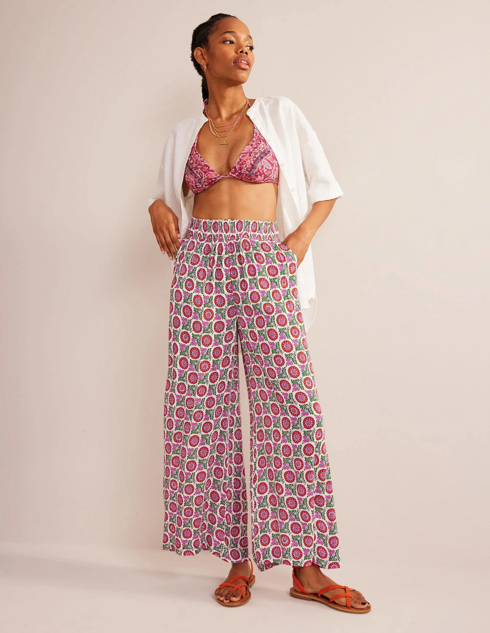 Crinkle Wide Leg Trousers-Gin Fizz, Sunflower Sprig