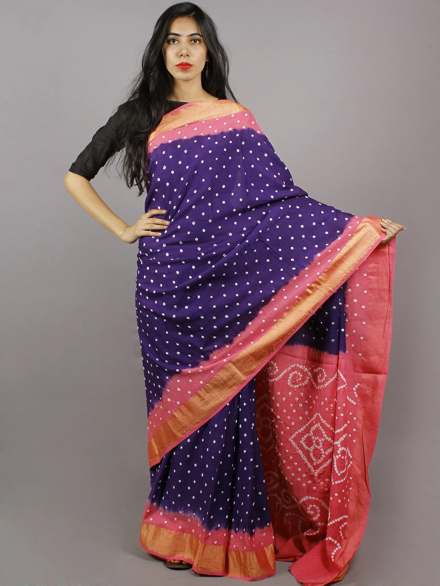 Dark Purple Pastel Pink Ivory Hand Tie & Dye Bandhej Glace Cotton Saree With Resham Border - S031701310