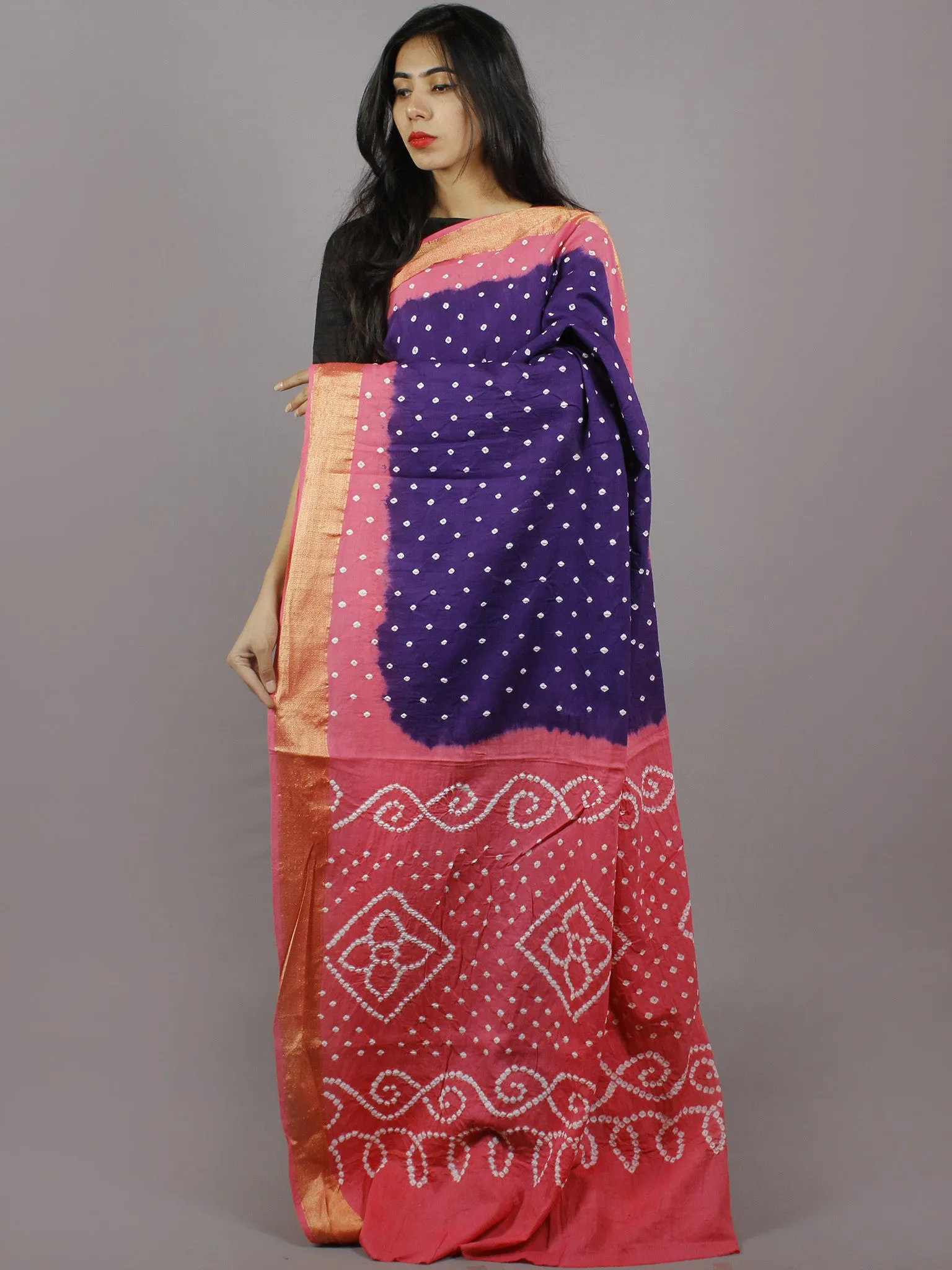 Dark Purple Pastel Pink Ivory Hand Tie & Dye Bandhej Glace Cotton Saree With Resham Border - S031701310