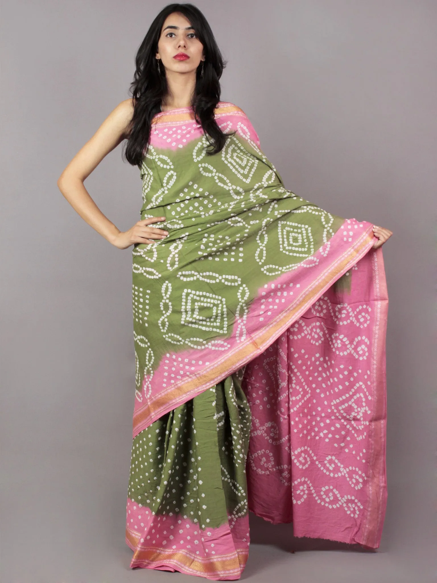 Fern Green Pastel Pink Ivory Hand Tie & Dye Bandhej Glace Cotton Saree With Resham Border - S031701755