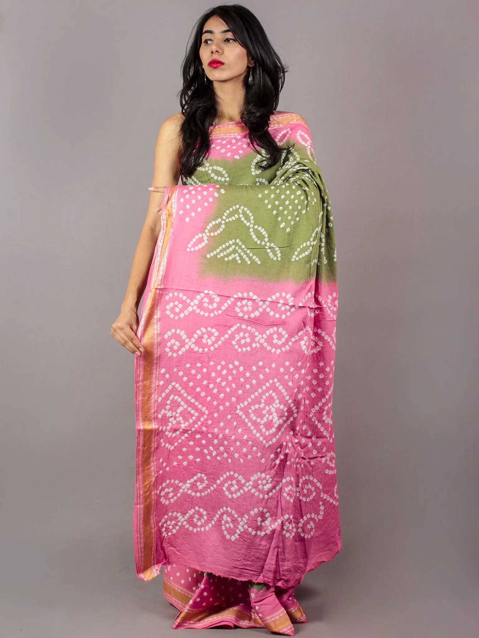 Fern Green Pastel Pink Ivory Hand Tie & Dye Bandhej Glace Cotton Saree With Resham Border - S031701755