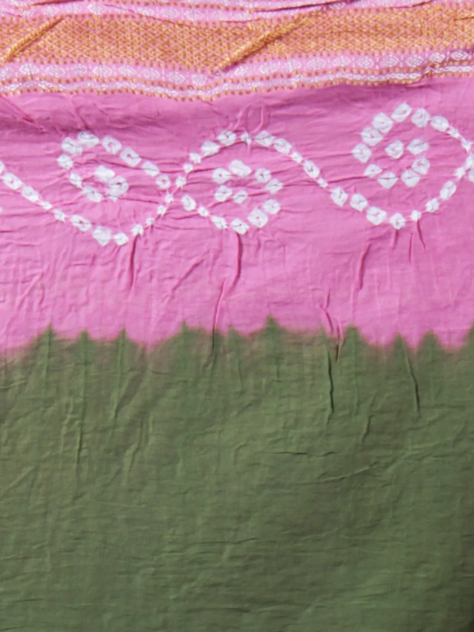 Fern Green Pastel Pink Ivory Hand Tie & Dye Bandhej Glace Cotton Saree With Resham Border - S031701755