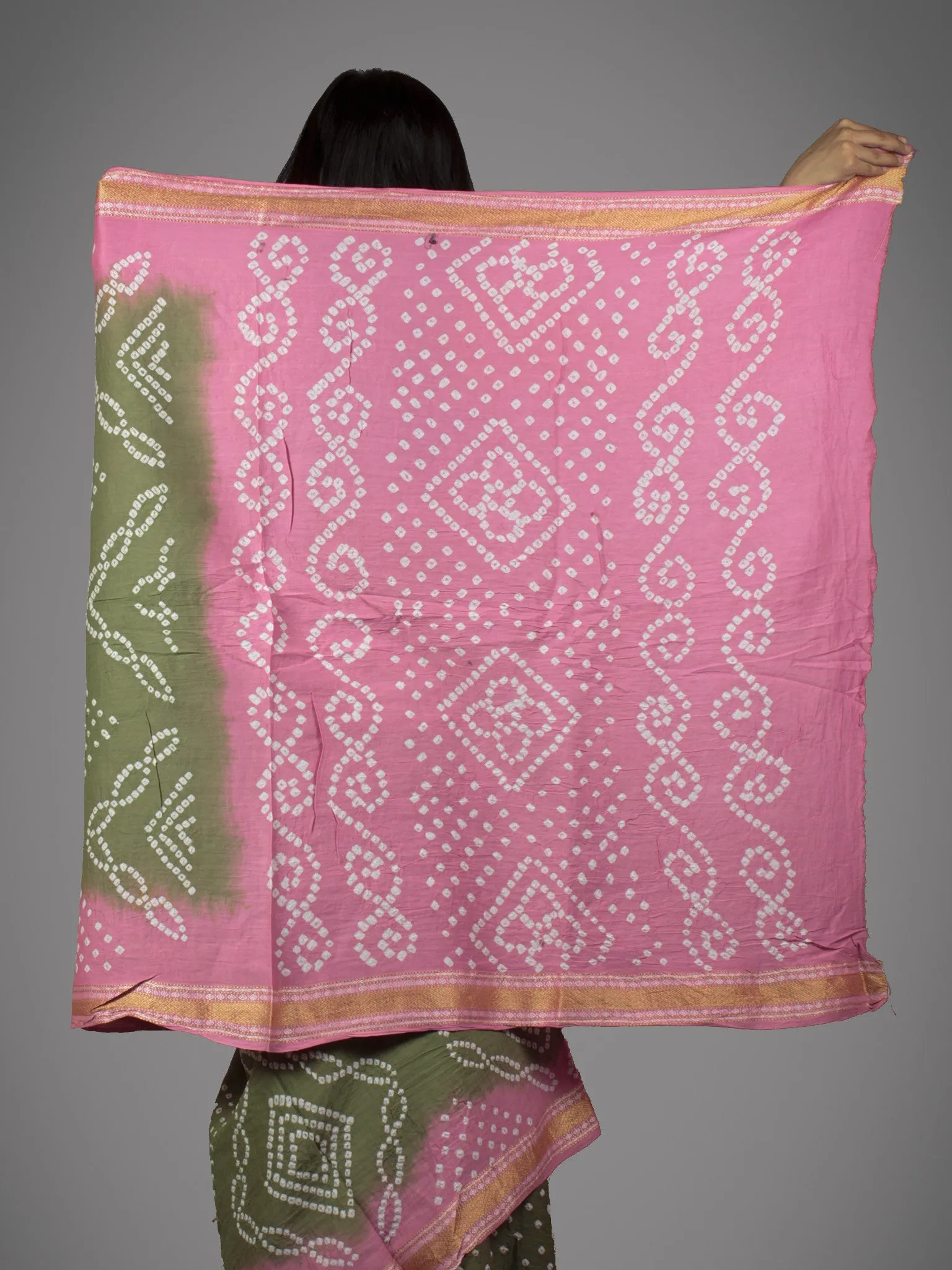 Fern Green Pastel Pink Ivory Hand Tie & Dye Bandhej Glace Cotton Saree With Resham Border - S031701755