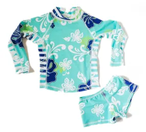 Girls Long Sleeve Rashguard and Shorts - Salt Water Green