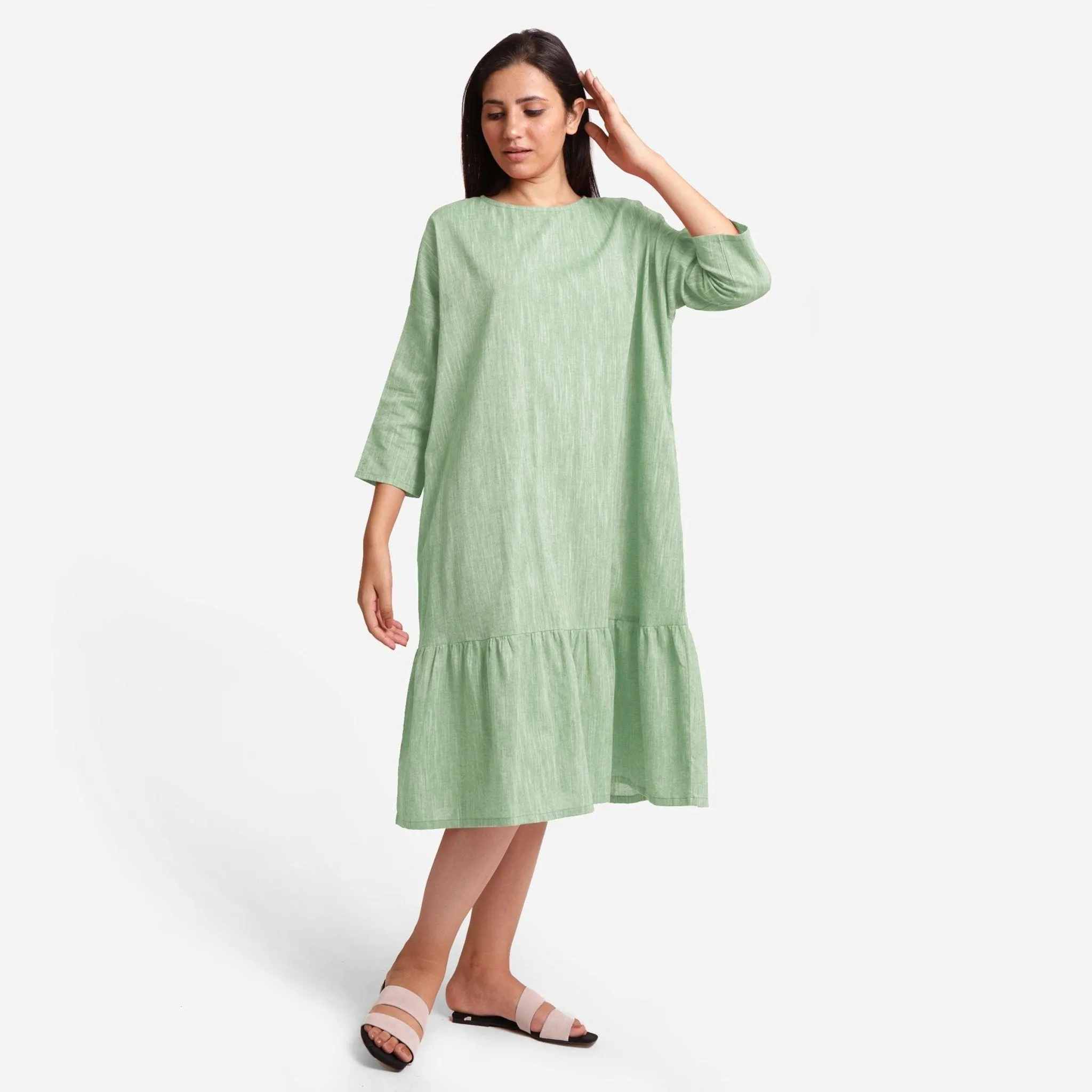 Green Yarn Dyed Cotton Boat Neck Midi Tier Dress