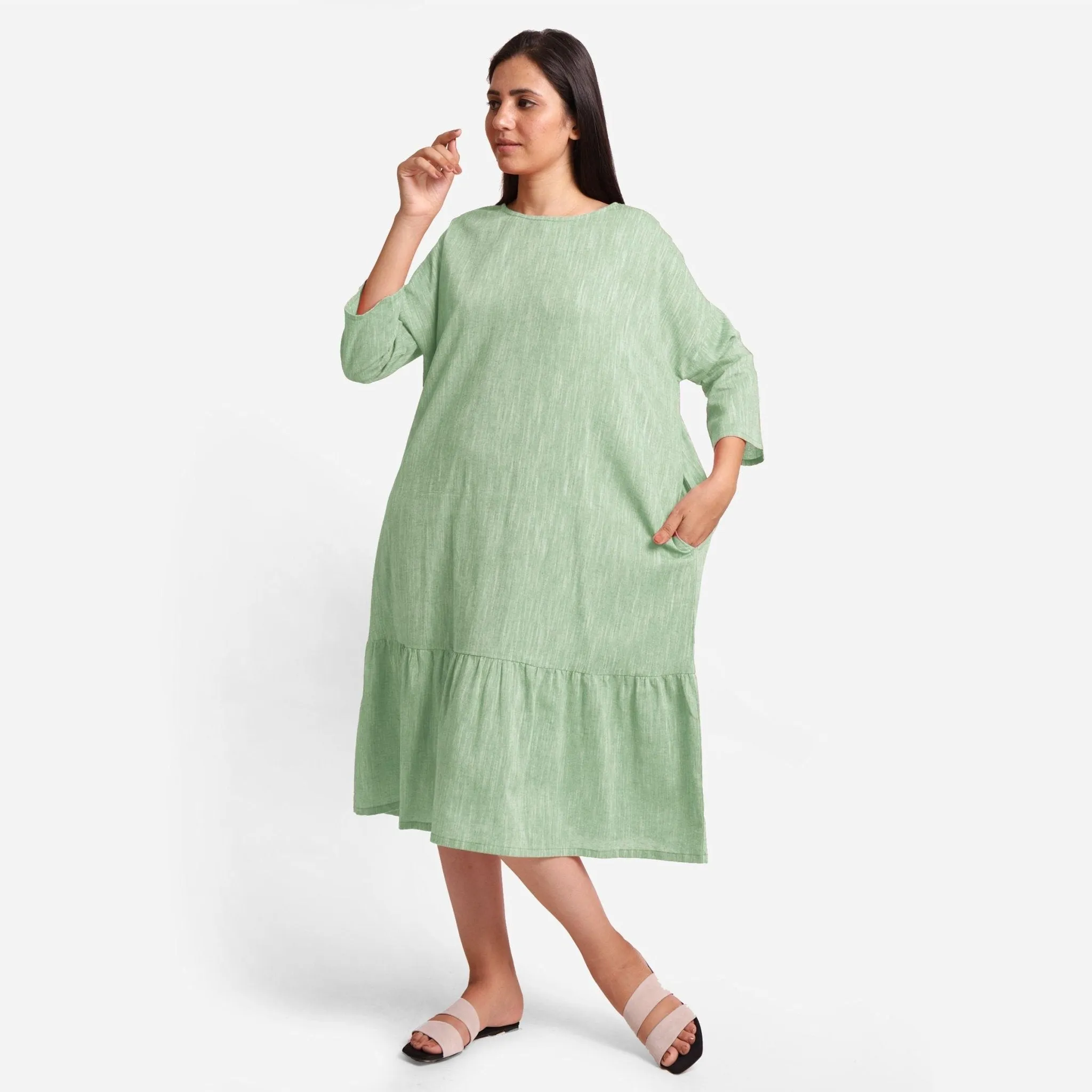 Green Yarn Dyed Cotton Boat Neck Midi Tier Dress