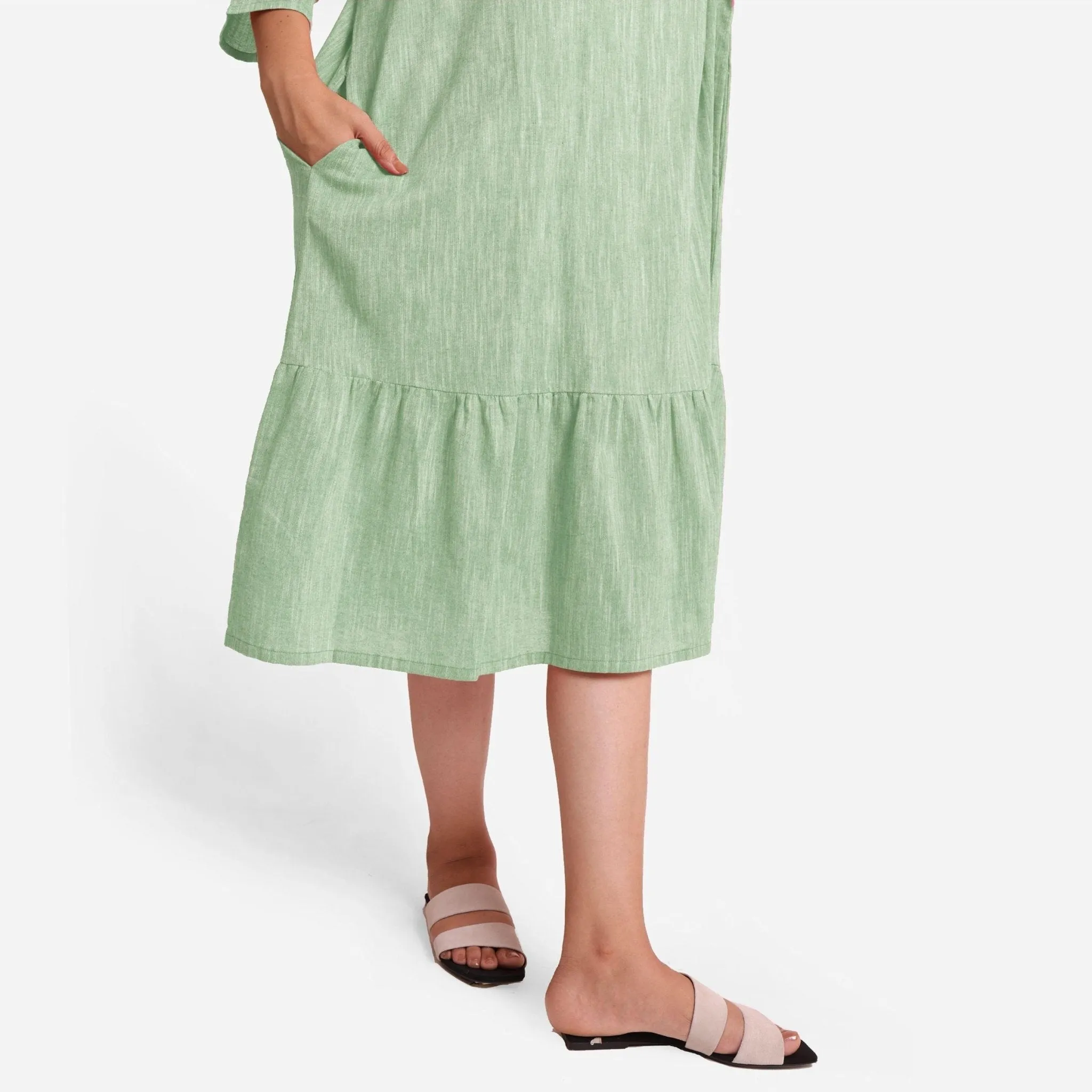 Green Yarn Dyed Cotton Boat Neck Midi Tier Dress