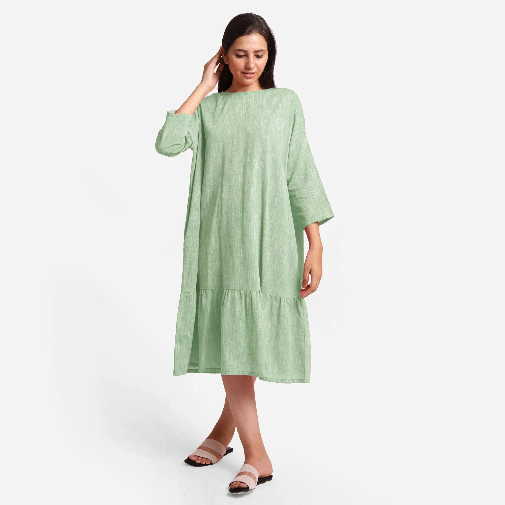 Green Yarn Dyed Cotton Boat Neck Midi Tier Dress