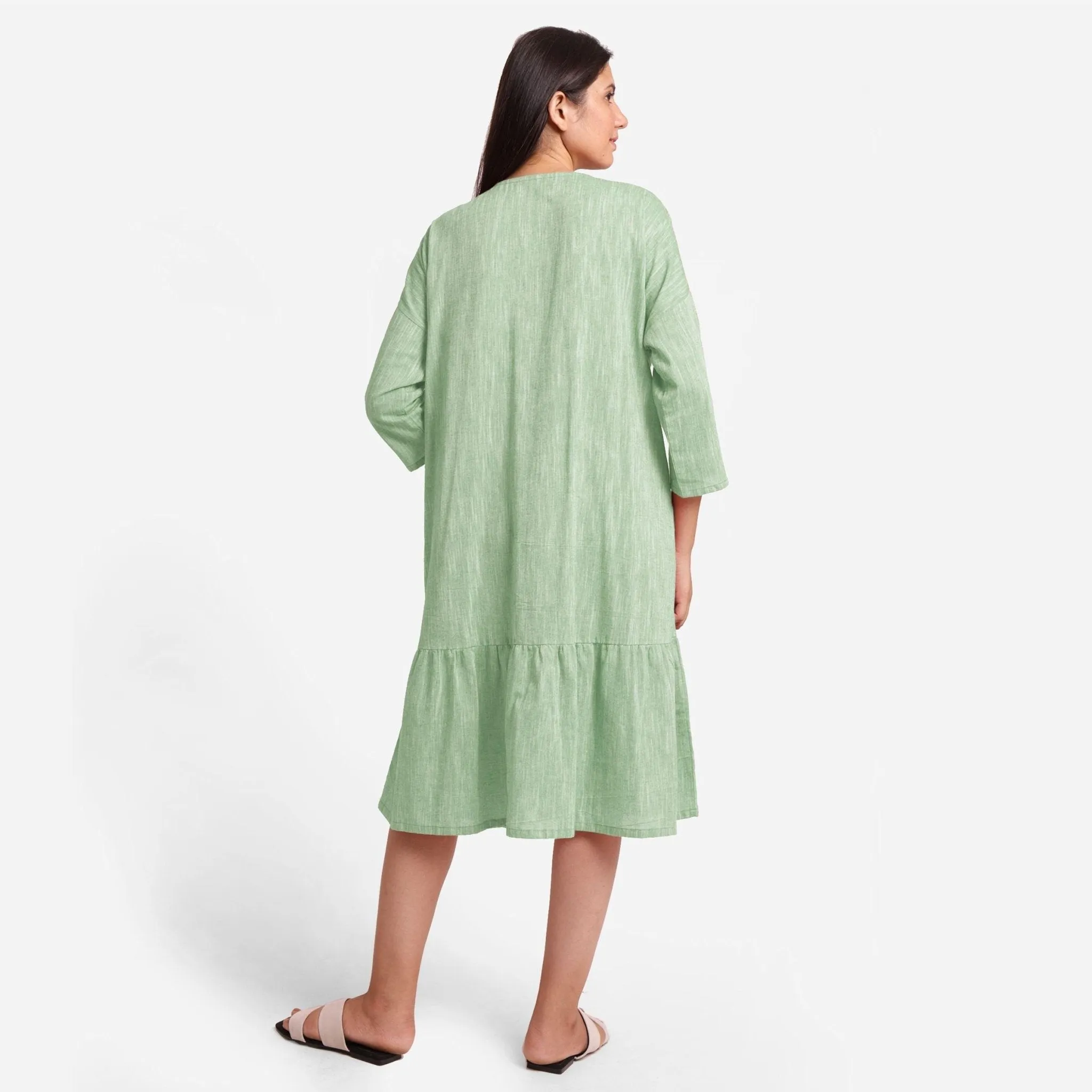 Green Yarn Dyed Cotton Boat Neck Midi Tier Dress