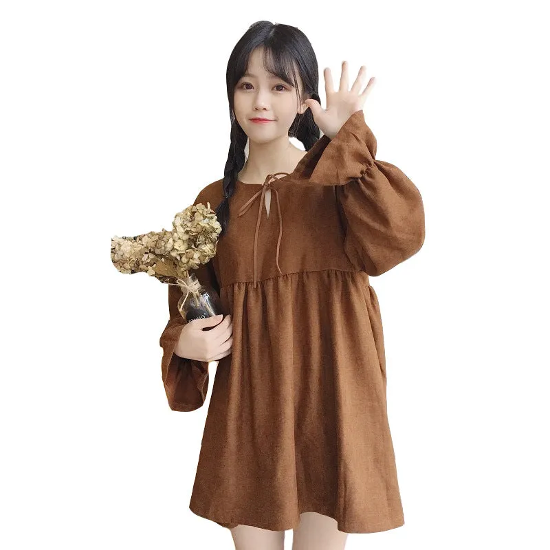 Korean Women Long Sleeved Dress Fresh Looking Loose Flare Sleeves Mid-Length Dress