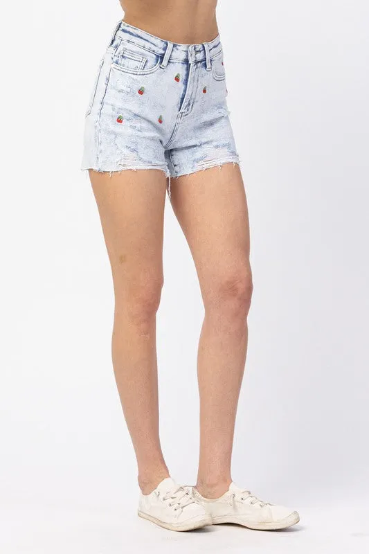 Light Blue Cherry Embroidery Acid Wash Shorts