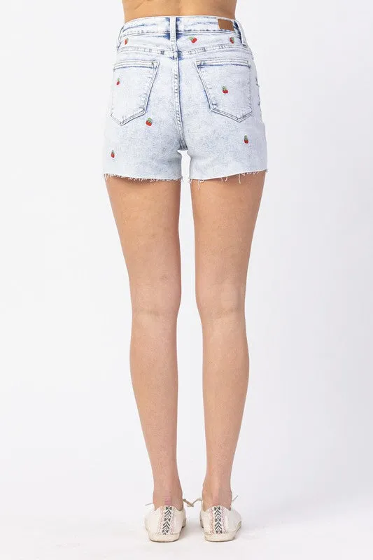 Light Blue Cherry Embroidery Acid Wash Shorts